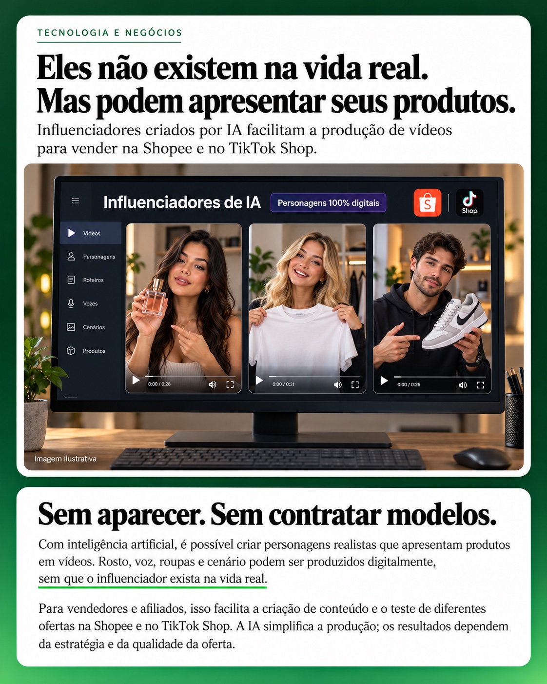 Influenciadores criados por IA apresentam produtos para vender na Shopee e no TikTok Shop